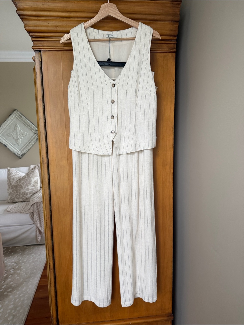 Z Supply Cream Pinstripe Button-Front Vest & Wide-Leg Jumpsuit